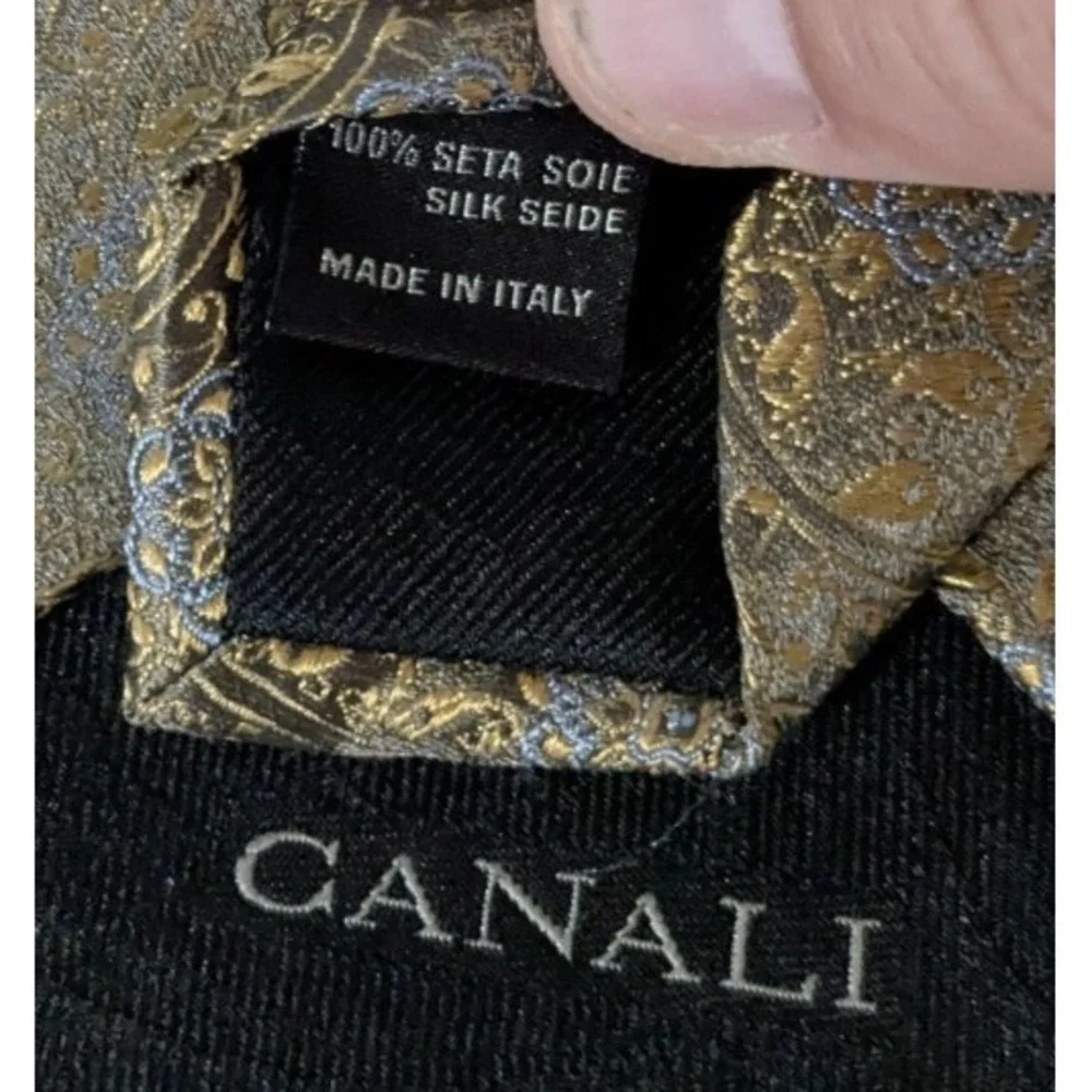 Canali Metallic Gold Jacquard Paisley Blue Floral Medallion Made in Italy 60 X 4